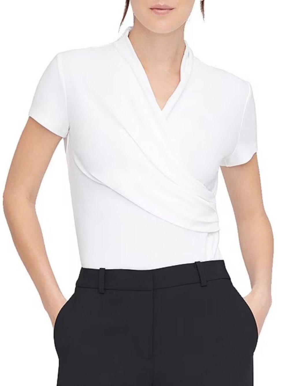DKNY by Donna Karan White Surplice V-Neck Side Ruched Short Sleeve Top MP NWOT